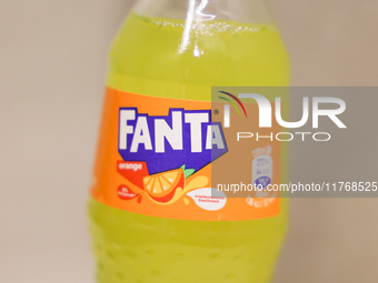 Fanta bottle is seen in this illustration photo taken in Berlin, Germany on November 11, 2024. (