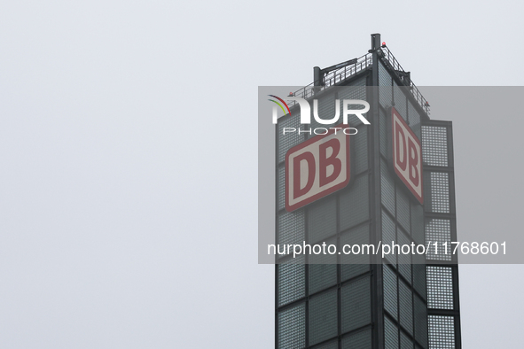 DB logo is seen at the Berlin Hauptbahnhof in Berlin, Germany on November 10, 2024. 