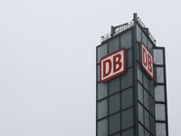 DB logo is seen at the Berlin Hauptbahnhof in Berlin, Germany on November 10, 2024. (