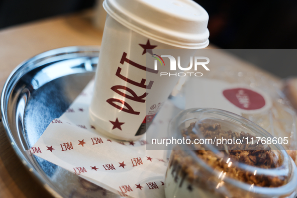 Pret logo is seen on a cup of coffee in this illustration photo taken in Berlin, Germany on November 10, 2024. 