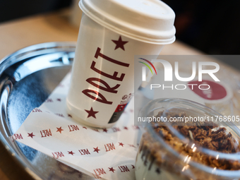 Pret logo is seen on a cup of coffee in this illustration photo taken in Berlin, Germany on November 10, 2024. (