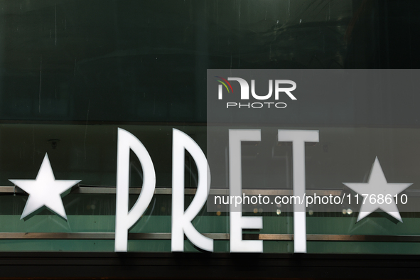 Pret logo is seen at the Berlin Hauptbahnhof in Berlin, Germany on November 10, 2024. 