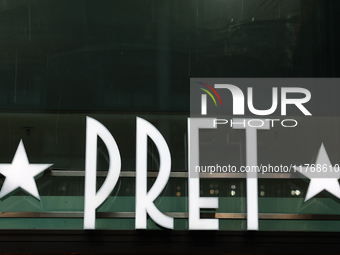 Pret logo is seen at the Berlin Hauptbahnhof in Berlin, Germany on November 10, 2024. (