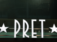 Pret logo is seen at the Berlin Hauptbahnhof in Berlin, Germany on November 10, 2024. (