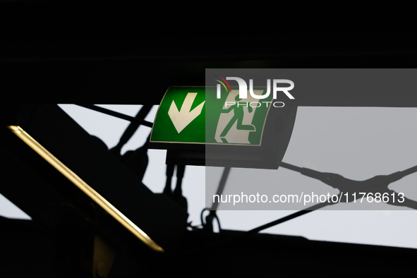 Emergency exit sign is seen at the Berlin Hauptbahnhof in Berlin, Germany on November 10, 2024. 