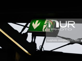 Emergency exit sign is seen at the Berlin Hauptbahnhof in Berlin, Germany on November 10, 2024. (