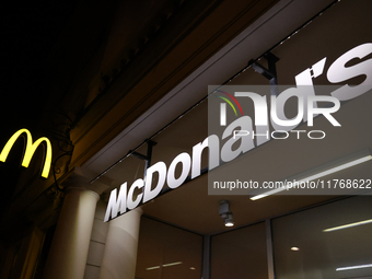 McDonald's logo is seen at the restaurant in Warsaw, Poland on November 10, 2024. (