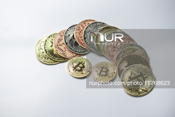 Bitcoin gift commemorative coins are displayed in Huai'an, Jiangsu province, China, on November 11, 2024. 