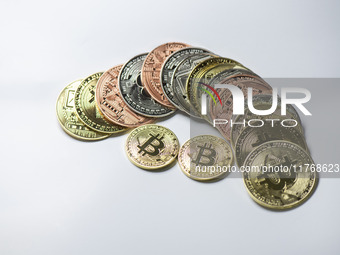 Bitcoin gift commemorative coins are displayed in Huai'an, Jiangsu province, China, on November 11, 2024. (