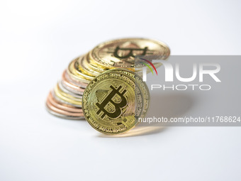 Bitcoin gift commemorative coins are displayed in Huai'an, Jiangsu province, China, on November 11, 2024. (