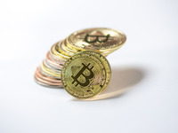 Bitcoin gift commemorative coins are displayed in Huai'an, Jiangsu province, China, on November 11, 2024. (