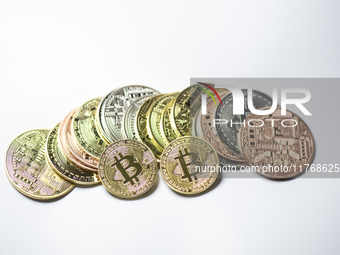 Bitcoin gift commemorative coins are displayed in Huai'an, Jiangsu province, China, on November 11, 2024. (