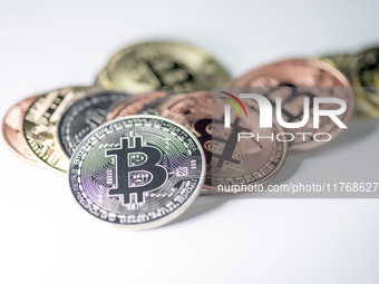 Bitcoin gift commemorative coins are displayed in Huai'an, Jiangsu province, China, on November 11, 2024. (