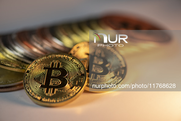 Bitcoin gift commemorative coins are displayed in Huai'an, Jiangsu province, China, on November 11, 2024. 