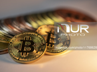 Bitcoin gift commemorative coins are displayed in Huai'an, Jiangsu province, China, on November 11, 2024. (