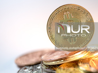 Bitcoin gift commemorative coins are displayed in Huai'an, Jiangsu province, China, on November 11, 2024. (