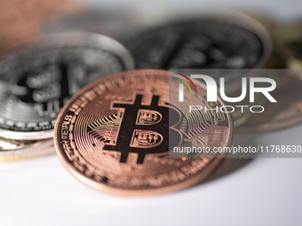 Bitcoin gift commemorative coins are displayed in Huai'an, Jiangsu province, China, on November 11, 2024. (