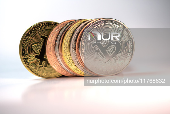 Bitcoin gift commemorative coins are displayed in Huai'an, Jiangsu province, China, on November 11, 2024. 