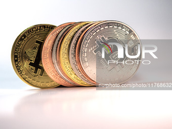 Bitcoin gift commemorative coins are displayed in Huai'an, Jiangsu province, China, on November 11, 2024. (