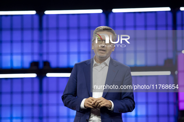 Carlos Moedas, Mayor, City of Lisbon on Centre Stage during the opening night of Web Summit 2024 at the MEO Arena in Lisbon, Portugal.  