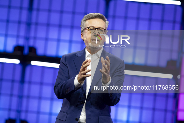 Carlos Moedas, Mayor, City of Lisbon on Centre Stage during the opening night of Web Summit 2024 at the MEO Arena in Lisbon, Portugal.  