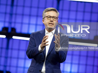 Carlos Moedas, Mayor, City of Lisbon on Centre Stage during the opening night of Web Summit 2024 at the MEO Arena in Lisbon, Portugal.  (