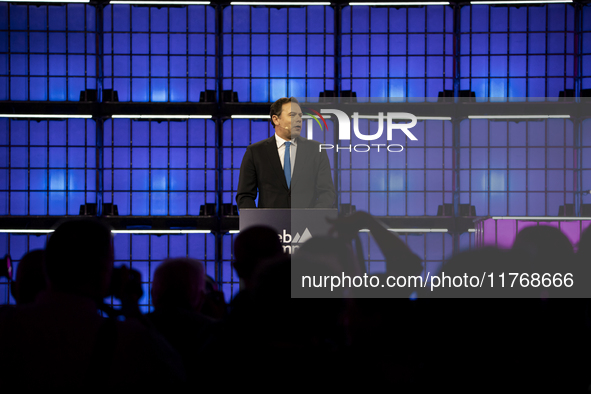 Luis Montenegro, Prime Minister, Government of Portugal, on Centre Stage, during the opening night of Web Summit 2024 at the MEO Arena in Li...