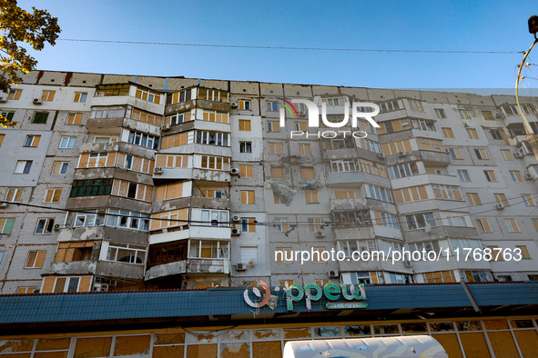 A residential building is damaged by Russian shelling in Kherson, Ukraine, on November 7, 2024. 