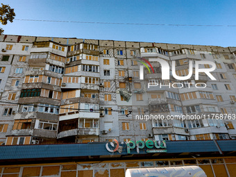 A residential building is damaged by Russian shelling in Kherson, Ukraine, on November 7, 2024. (