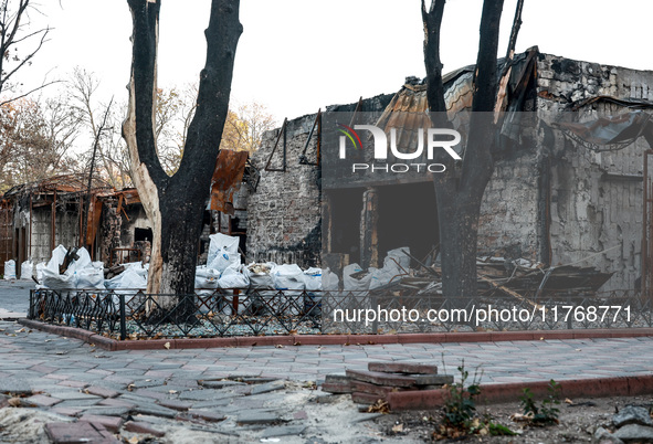 A cafe building burns down as a result of Russian shelling in Kherson, Ukraine, on November 7, 2024. NO USE RUSSIA. NO USE BELARUS. 