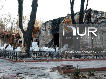 A cafe building burns down as a result of Russian shelling in Kherson, Ukraine, on November 7, 2024. NO USE RUSSIA. NO USE BELARUS. (