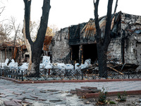 A cafe building burns down as a result of Russian shelling in Kherson, Ukraine, on November 7, 2024. NO USE RUSSIA. NO USE BELARUS. (