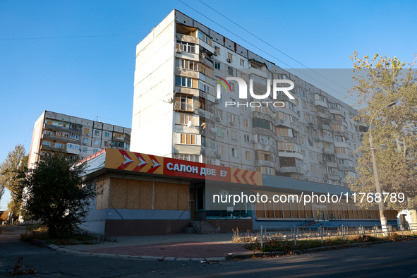 A residential building is damaged by Russian shelling in Kherson, Ukraine, on November 7, 2024. 