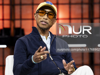 Pharrell Williams, Artist and Entrepreneur, on Centre Stage during the opening night of Web Summit 2024 at the MEO Arena in Lisbon, Portugal...