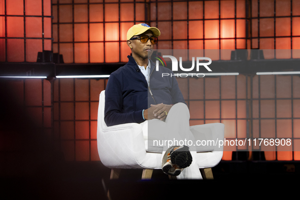 Pharrell Williams, Artist and Entrepreneur, on Centre Stage during the opening night of Web Summit 2024 at the MEO Arena in Lisbon, Portugal...