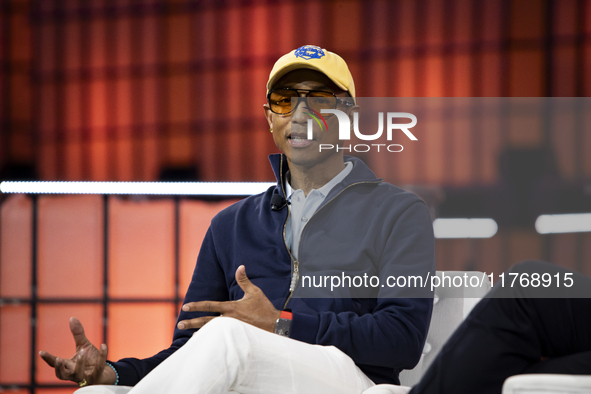 Pharrell Williams, Artist and Entrepreneur, on Centre Stage during the opening night of Web Summit 2024 at the MEO Arena in Lisbon, Portugal...