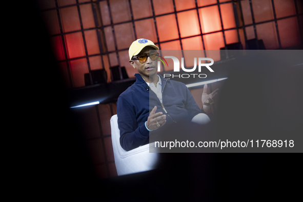 Pharrell Williams, Artist and Entrepreneur, on Centre Stage during the opening night of Web Summit 2024 at the MEO Arena in Lisbon, Portugal...