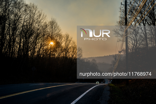 Smoke blankets the area surrounding Orange County, New York, as wildfires burn along the New York and New Jersey border on November 11, 2024...