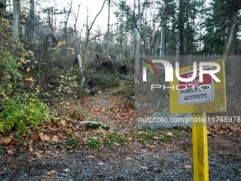 An area closed sign is on Old Forge Road in Orange County, New York, as wildfires burn along the New York and New Jersey border on November...