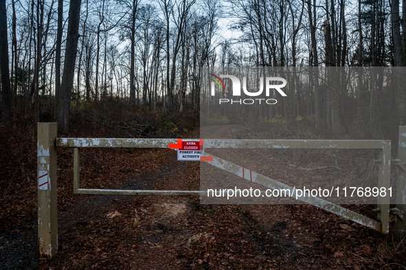 An area closed sign for Sterling Forest State Park in Orange County, New York, as wildfires burn along the New York and New Jersey border on...