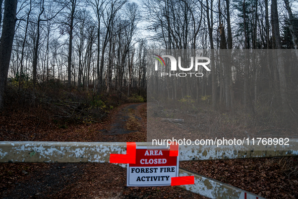 An area closed sign for Sterling Forest State Park in Orange County, New York, as wildfires burn along the New York and New Jersey border on...