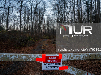 An area closed sign for Sterling Forest State Park in Orange County, New York, as wildfires burn along the New York and New Jersey border on...