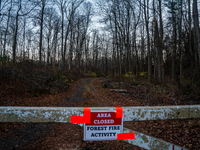 An area closed sign for Sterling Forest State Park in Orange County, New York, as wildfires burn along the New York and New Jersey border on...