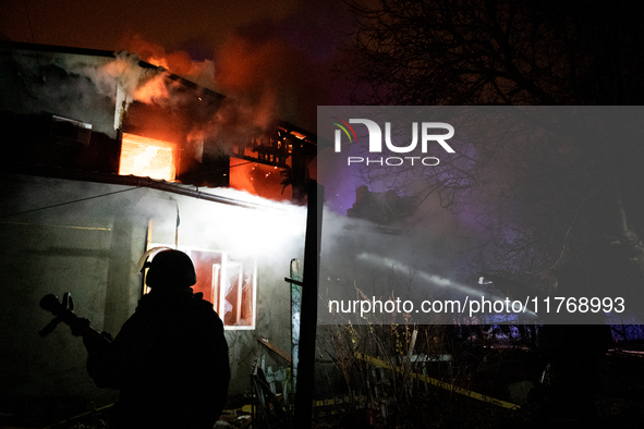 A house is in flames in Kramatorsk, Ukraine, after being hit by a Russian missile, in Kramatorsk, Donetsk Region, on November 11, 2024 