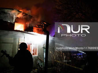 A house is in flames in Kramatorsk, Ukraine, after being hit by a Russian missile, in Kramatorsk, Donetsk Region, on November 11, 2024 (