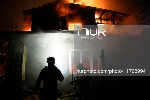 A house is in flames in Kramatorsk, Ukraine, after being hit by a Russian missile, in Kramatorsk, Donetsk Region, on November 11, 2024 