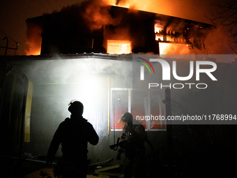 A house is in flames in Kramatorsk, Ukraine, after being hit by a Russian missile, in Kramatorsk, Donetsk Region, on November 11, 2024 (