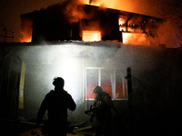 A house is in flames in Kramatorsk, Ukraine, after being hit by a Russian missile, in Kramatorsk, Donetsk Region, on November 11, 2024 (