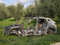 A burnt and abandoned stolen car rests in the rural fields near Cerignola, Italy, on October 4, 2024. The vehicle, stripped of all valuables...