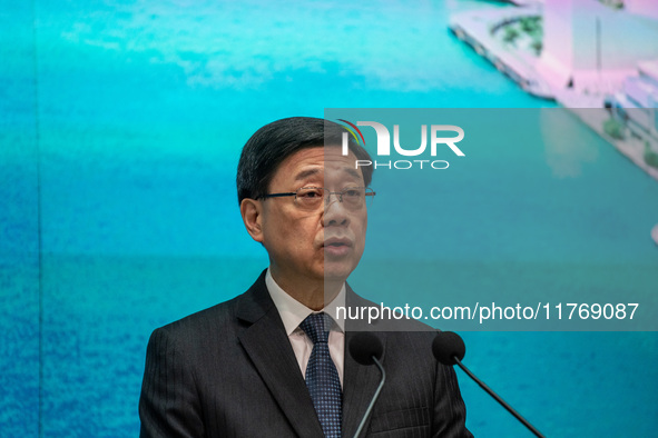 Hong Kong Chief Executive John Lee speaks to the media before his Executive Council meeting in Hong Kong on November 12, 2024. 